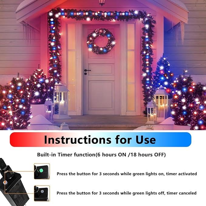 66Ft 200 LED Red White and Blue Fairy Lights Plug in, July 4th Waterproof - Image 4
