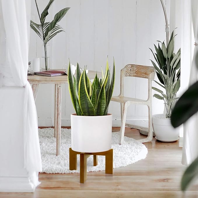 Wood Plant Stand, Mid Century Modern Planter Stand Rattan Flower Pot Stand - Image 3