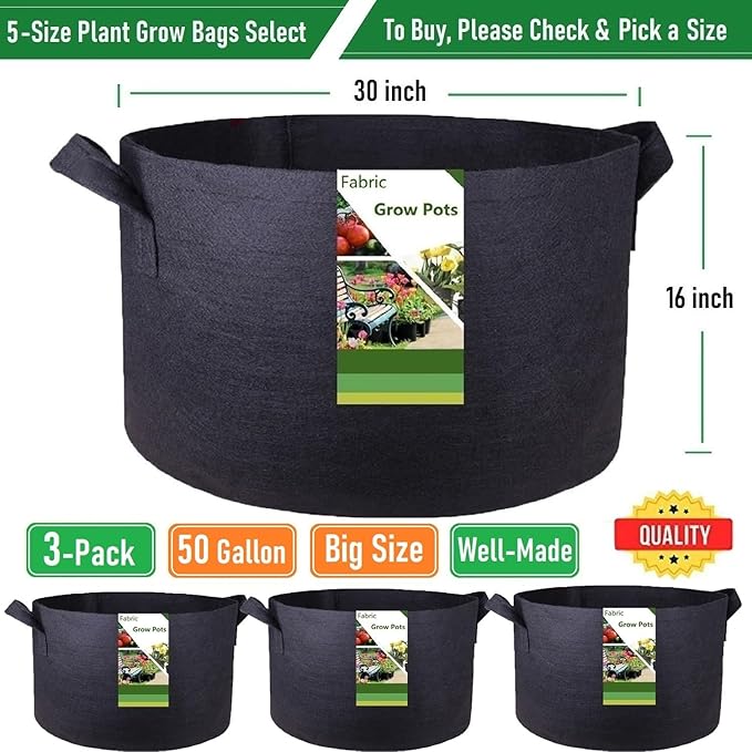 3-Pack 50 Gallon Thickened Plant Grow Bags Large Heavy Duty Fabric Plant Pots - Image 4