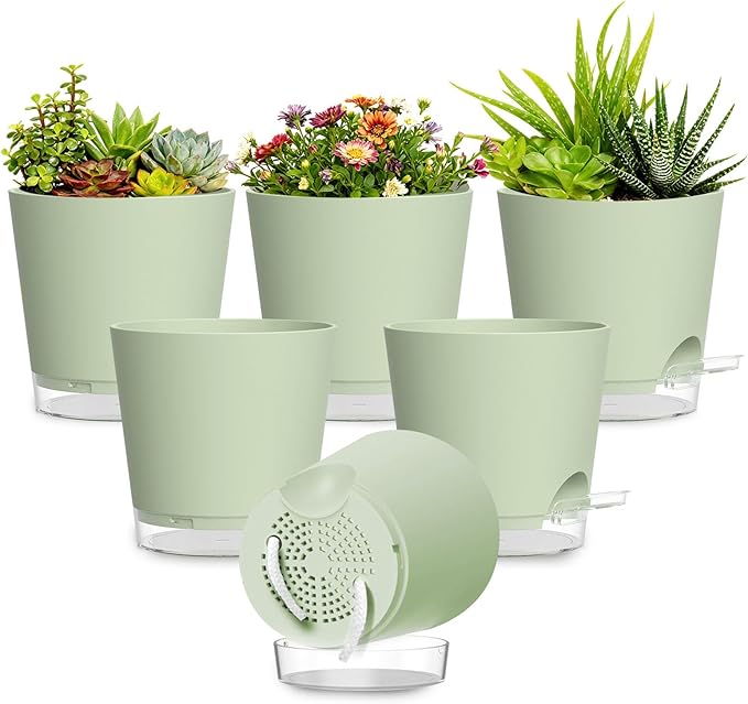 Plant Pots 7 Inch Self Watering Pots, 6 Pack Plastic Planters by SQKH