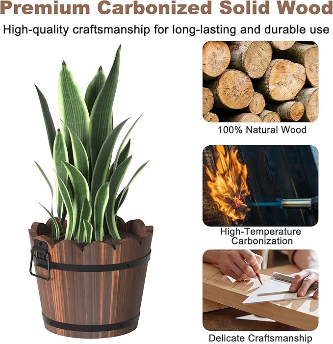 Wooden Bucket Barrel Planters, Rustic Patio Planters Flower Pots - Image 3