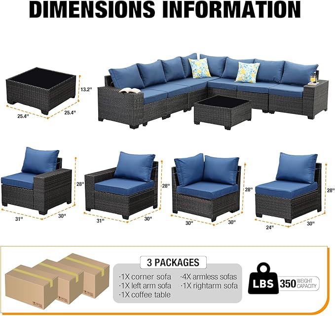 8 Pieces Patio Furniture Set All-Weather Outdoor Wicker Sectional Conversation - Image 4
