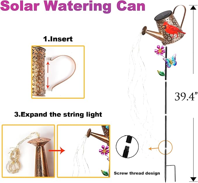 Solar Watering Can with Lights Outdoor Garden, 41in Large Red Cardinal Garden - Image 7