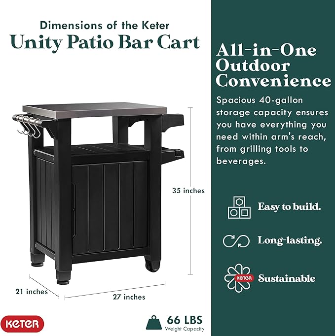 Keter Outdoor Grill Prep Table & Serving Cart, Stainless Steel Top, 40 Gal - Image 2