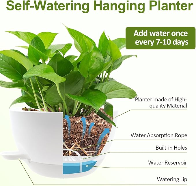 WOUSIWER Self Watering Hanging Planters, 2 Pack 10'' Plastic Pots - Image 6