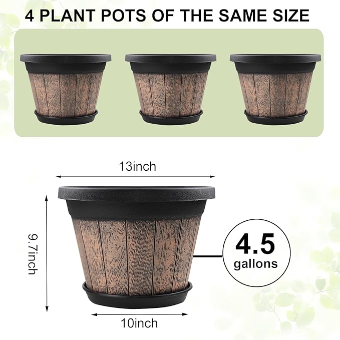 Quarut Large Plastic Plant Pots Set of 4 Pack13 inch, Whiskey Barrel Planters - Image 2