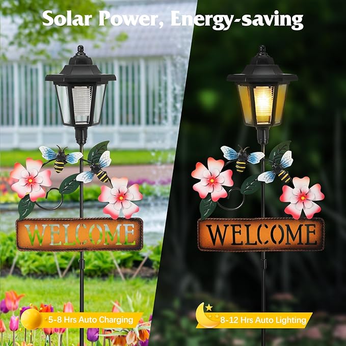 Lewondr Solar Garden Lights Bee, 37.4 Inch Solar Lamp Post Light - Image 3