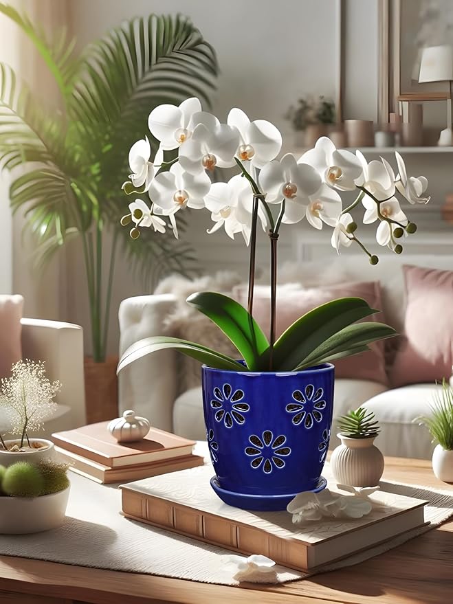 Oairse 6 inch Orchid Pots with Holes, Royal Blue Ceramic Orchid Pot - Image 7