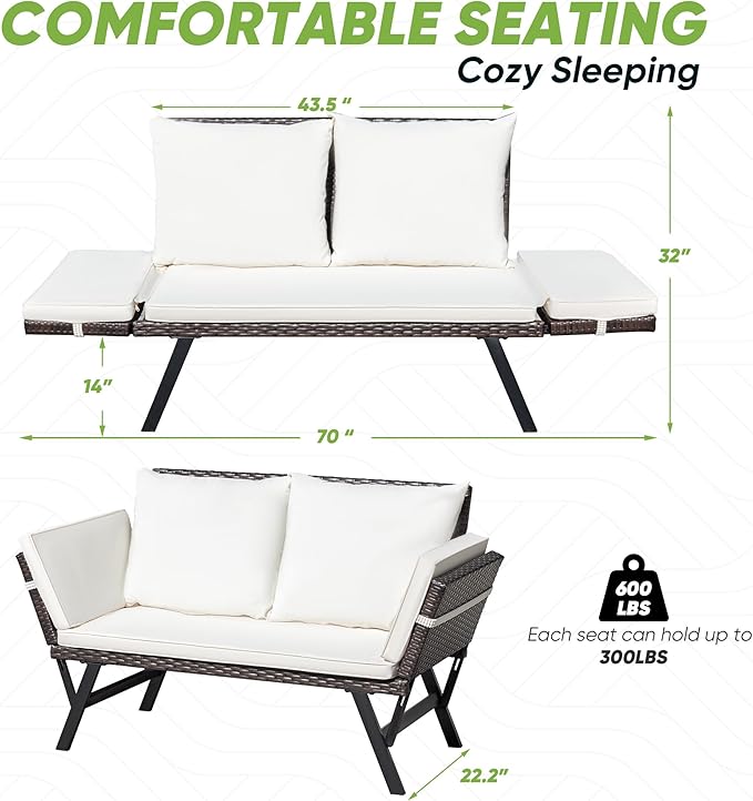 Greesum Outdoor Sofa, Woven Rattan Patio Furniture, Convertible Daybed or - Image 3
