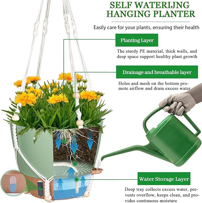 10 Inch Hanging Planters for Indoor Plants, 2 Pack Self Watering Hanging - Image 4