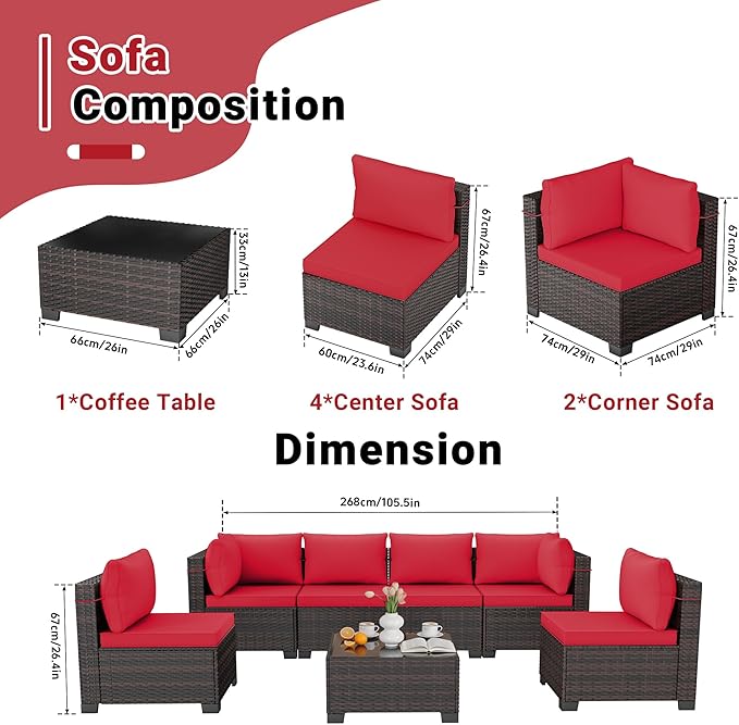 LEVELEVE 7 Pieces Outdoor Patio Furniture Sets, Rattan Conversation Sectional - Image 2