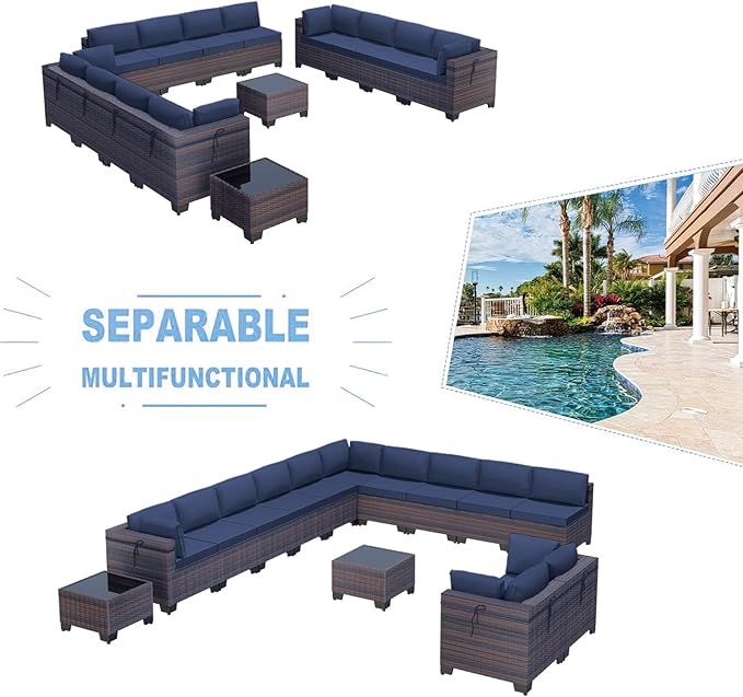 Kullavik 14 Pieces Outdoor Patio Furniture Set PE Wicker Rattan Sectional Sofa - Image 5
