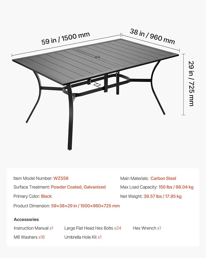 VEVOR Outdoor Patio Dining Table, 59 inch Long Rectangular Metal Steel Slat - Image 3