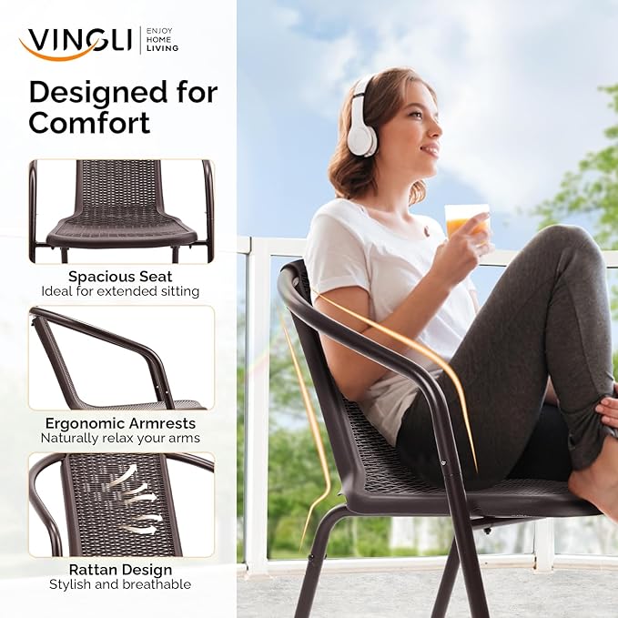 VINGLI PE Rattan Outdoor Dining Chairs Set of 4, Plastic Stackable Patio Chairs - Image 5