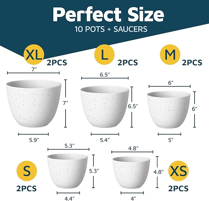 White Gray Plant Pots with Drainage Holes & Saucers 10 Pack, Indoor & Outdoor - Image 2