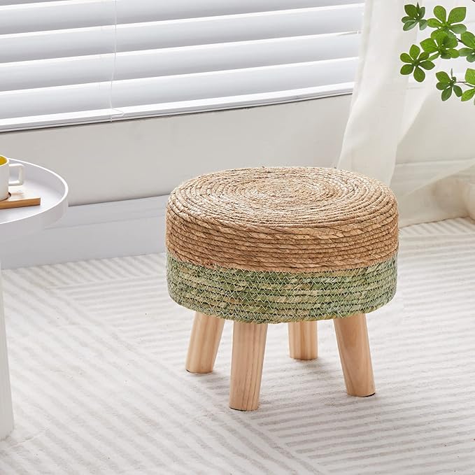Cpintltr Ottoman Natural Seagrass Footrest Poufs Hand Weave Round Foot Stool - Image 2