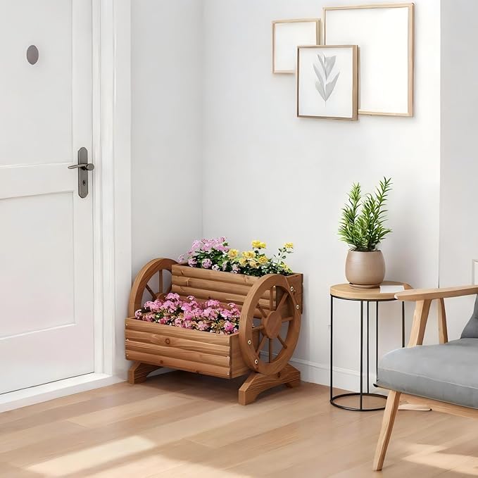 Wooden Wagon Planter Outdoor Flower Cart - Image 5