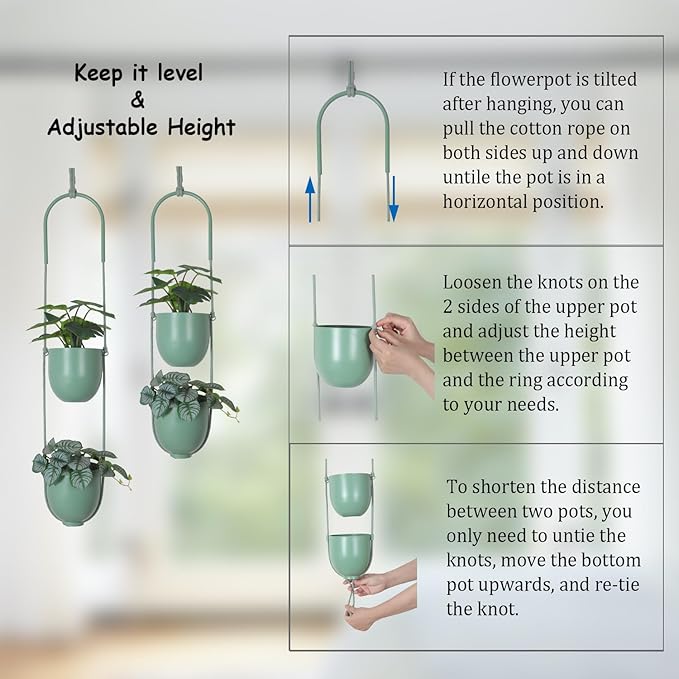 Metal Hanging Planters 2 Tiers Indoor Outdoor Modern Plant Hangers Wall Ceiling - Image 5