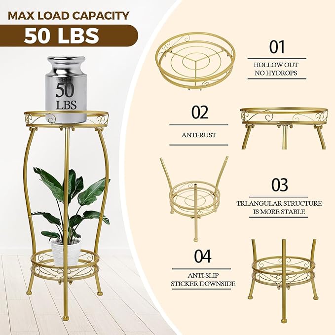 Plant Stand Indoor Outdoor，Tall Gold Metal Rustproof Stable Plant Stands，2 Tier - Image 5