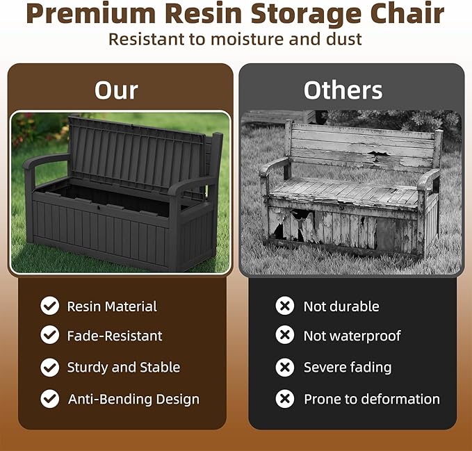 EasyUp 80 Gallon Wood Grain Style Outdoor Storage Bench, Waterproof and - Image 7