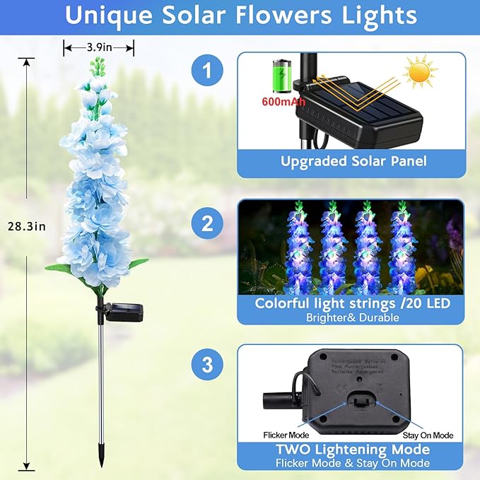 Solar Garden Lights, Solar Blue Delphinium Flowers Lights 4 Pack 80 LEDs - Image 2
