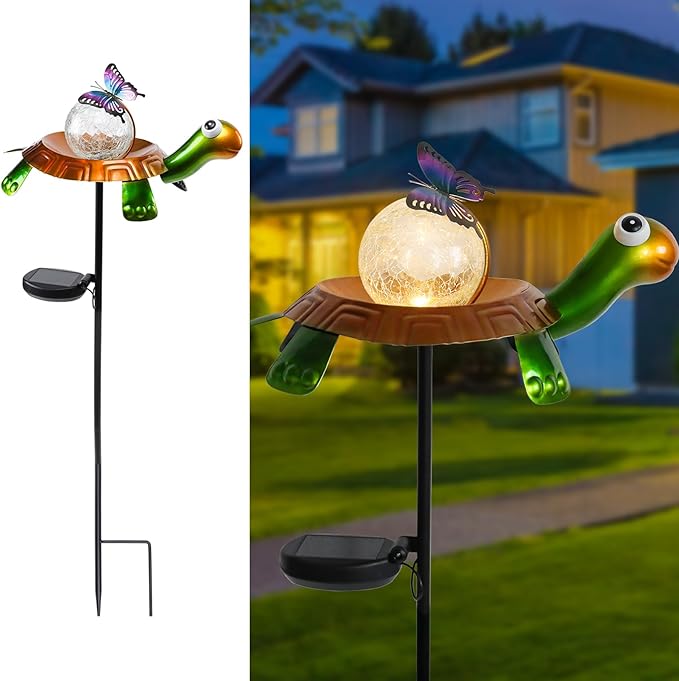 Afirst Solar Lights Outdoor Decorative Metal Turtle Crackle Glass Globe by Afirst