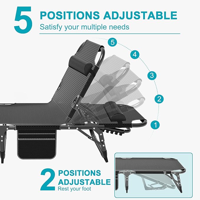ABORON 2PK Heavy Duty Tanning Chair, 5-Gear Outdoor Folding Chaise Lounge Chair - Image 7