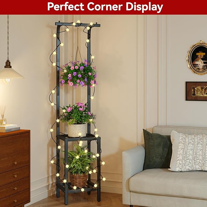IBUYKE 67 Inch Tall Plant Stand Indoor Outdoor, 3 Tier Metal Hanging Plant Shelf - Image 5