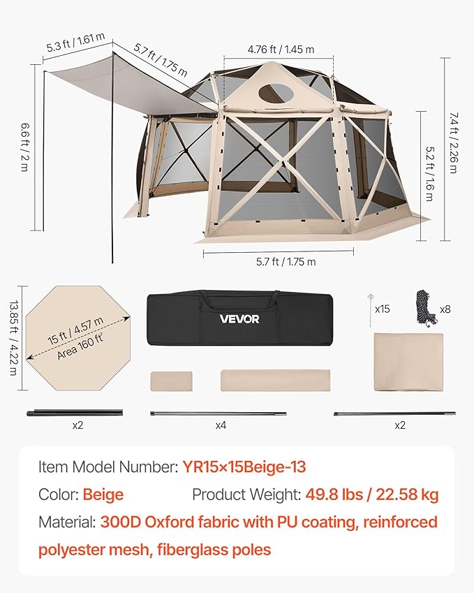 VEVOR Pop up Gazebo Screen Tent, 15 x 15 ft, 13-Sided Spherical Camping Canopy - Image 7