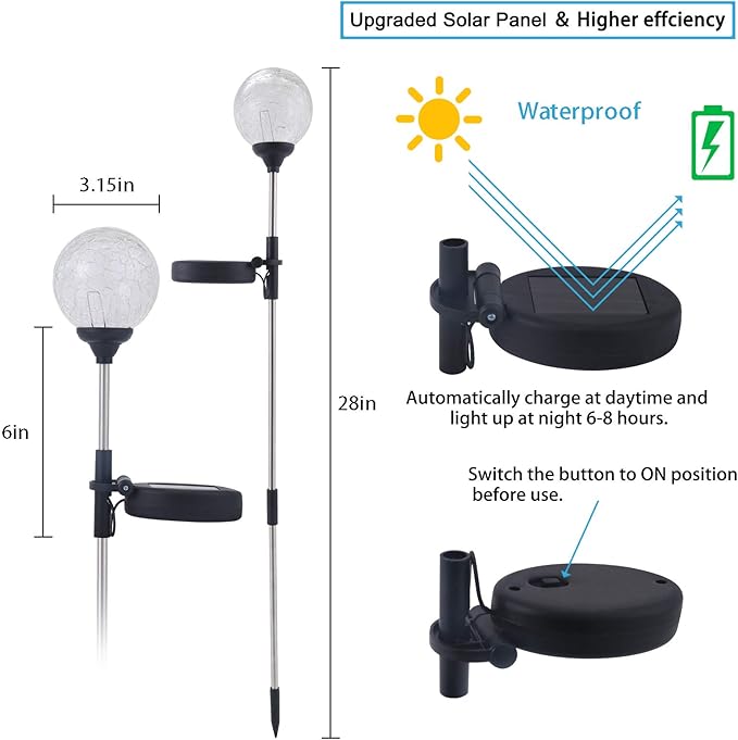 6 Pack Decorative Solar Powered Outdoor Garden Stake Glass Ball Lights - Image 2