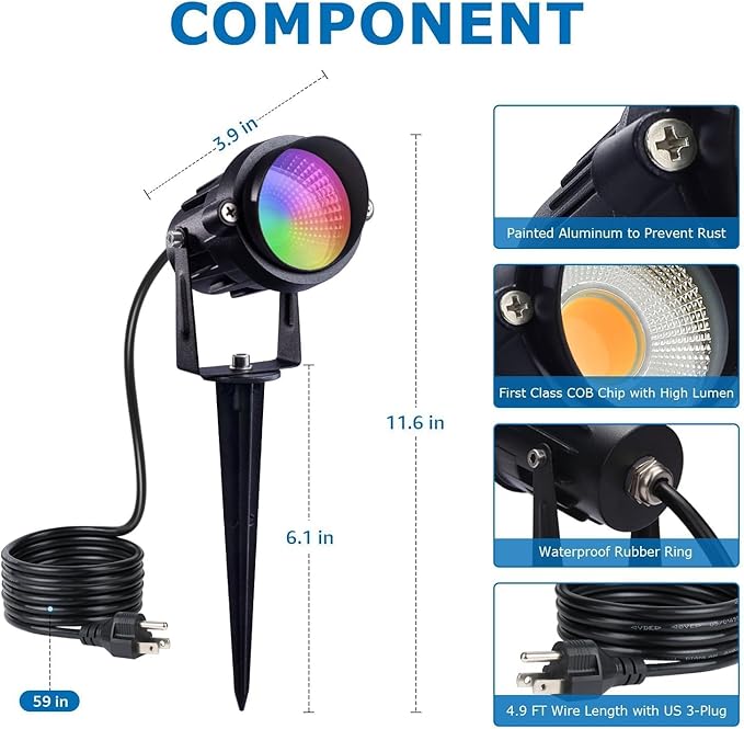 SUNVIE RGBW Outdoor Spotlight 12W LED Landscape Spotlights 120V Color Changing - Image 8
