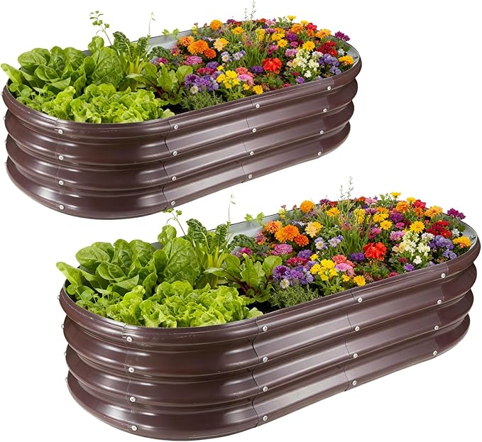 GOOZOO 2PC Galvanized Planter Raised Garden Bed, Oval Metal Land Planter Box by GOOZOO