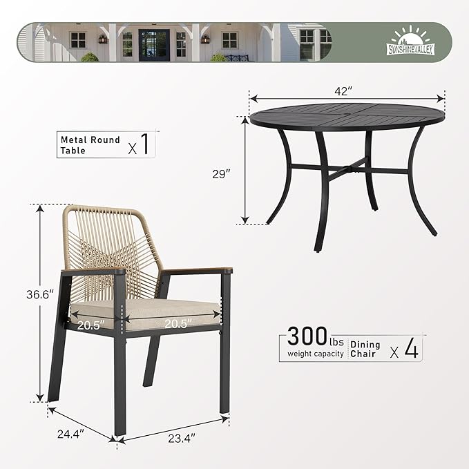 5 Pieces Patio Dining Set, 4 x Woven Rattan Chairs - Image 3