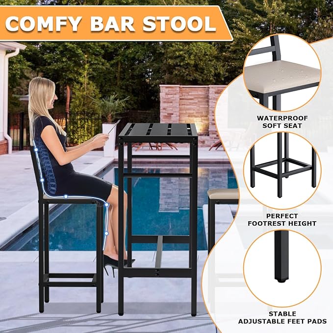 Outdoor Patio Bar Set 3 Piece, 2 Cushioned 41" Bar Stools, Metal Bar Table and - Image 2