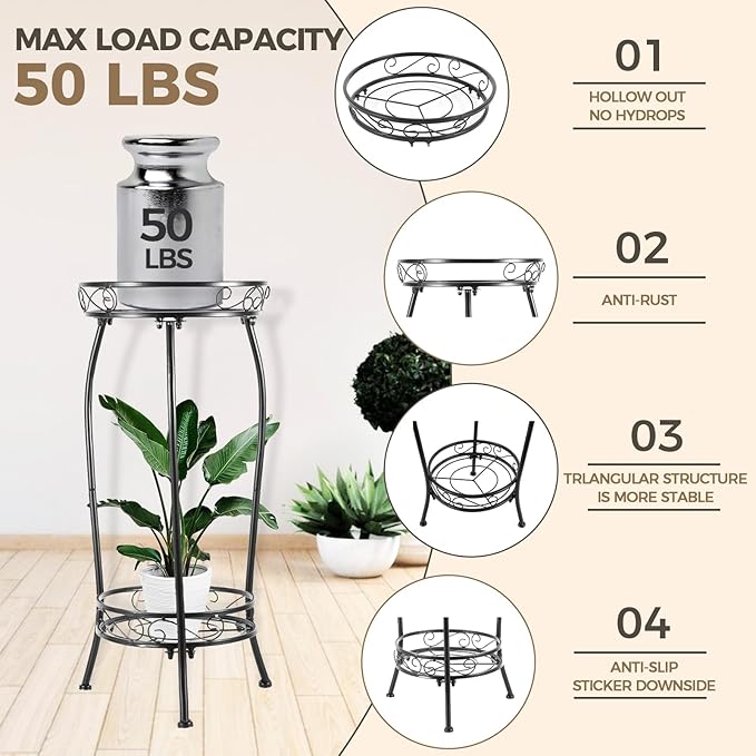 Plant Stand Indoor Outdoor，Tall Black Metal Rustproof Stable Plant Stands，2 - Image 3