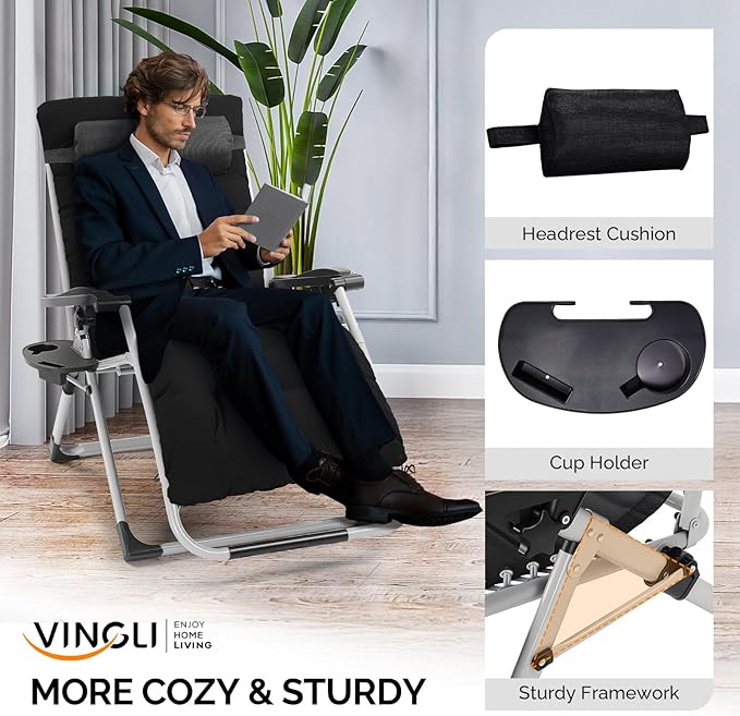 VINGLI 29" Padded Zero Gravity Chair, Lounge Chair - Image 4