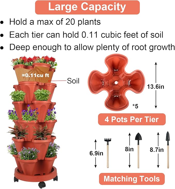 GameXcel Vertical Planter 6 Tier Stackable Planters Garden Planters Strawberry - Image 5
