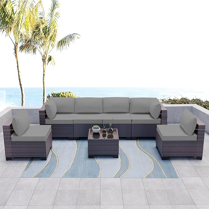 Kullavik 7 Pieces Outdoor Patio Furniture Set PE Wicker Rattan Sectional Sofa - Image 8