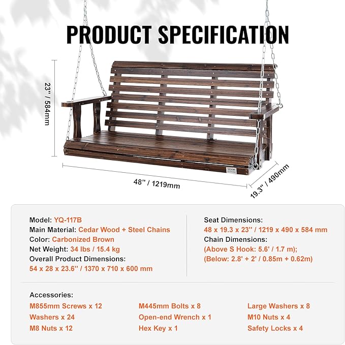 VEVOR Outdoor Wooden Porch Swing, 880lbs 4.5FT Heavy Duty Haning Porch Swings - Image 7