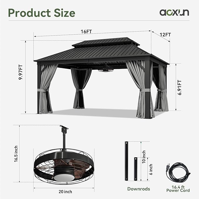 Aoxun 12'x16' Hardtop Gazebo, Aluminum Frame Canopy - Image 7