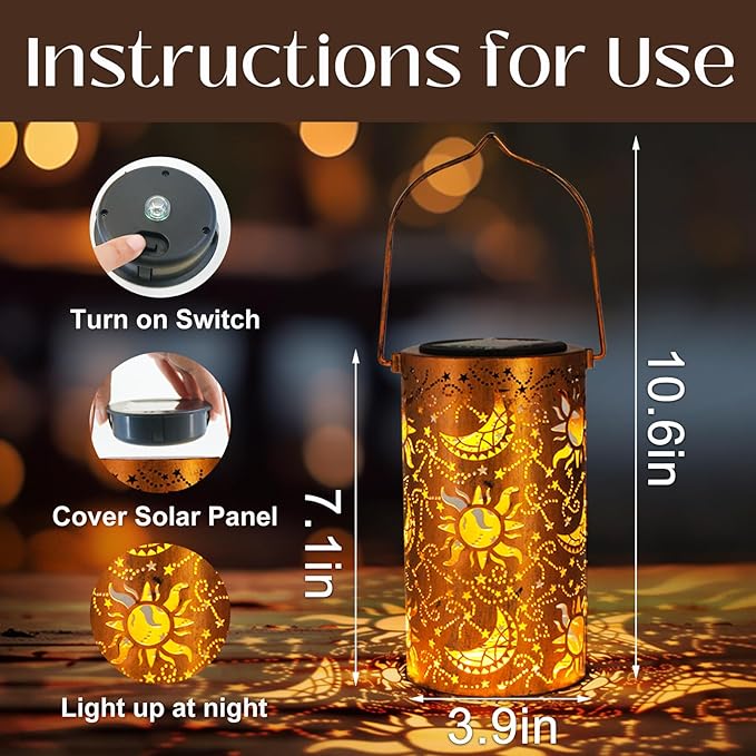 Solar Lanterns Outdoor Hanging Lantern Lights, Sun Moon Metal Decor - Image 4