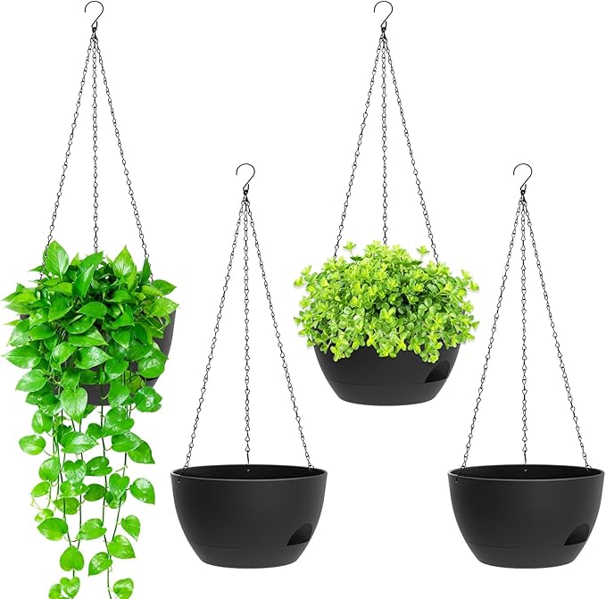 8 Inch Hanging Planters for Indoor Outdoor Plants, 4 Pack Black Plastic Self by SQKH