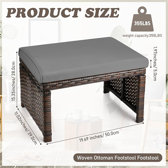 2 Pcs Patio Rattan Ottomans Outdoor Wicker Ottomans Patio Footstool Footrest - Image 2