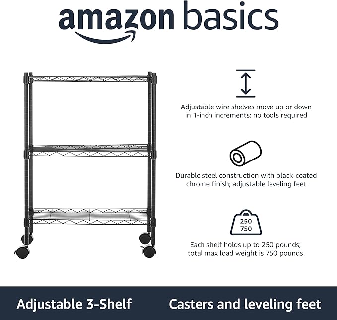 Amazon Basics 3-Shelf Adjustable Heavy Duty Storage Shelving Unit on 2" Wheels - Image 4