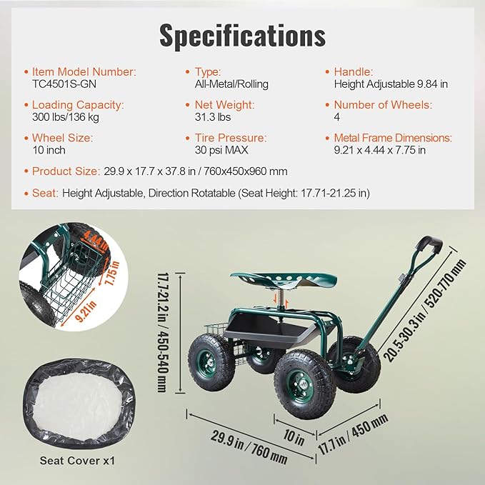 VEVOR Garden Cart Rolling Workseat - Image 7