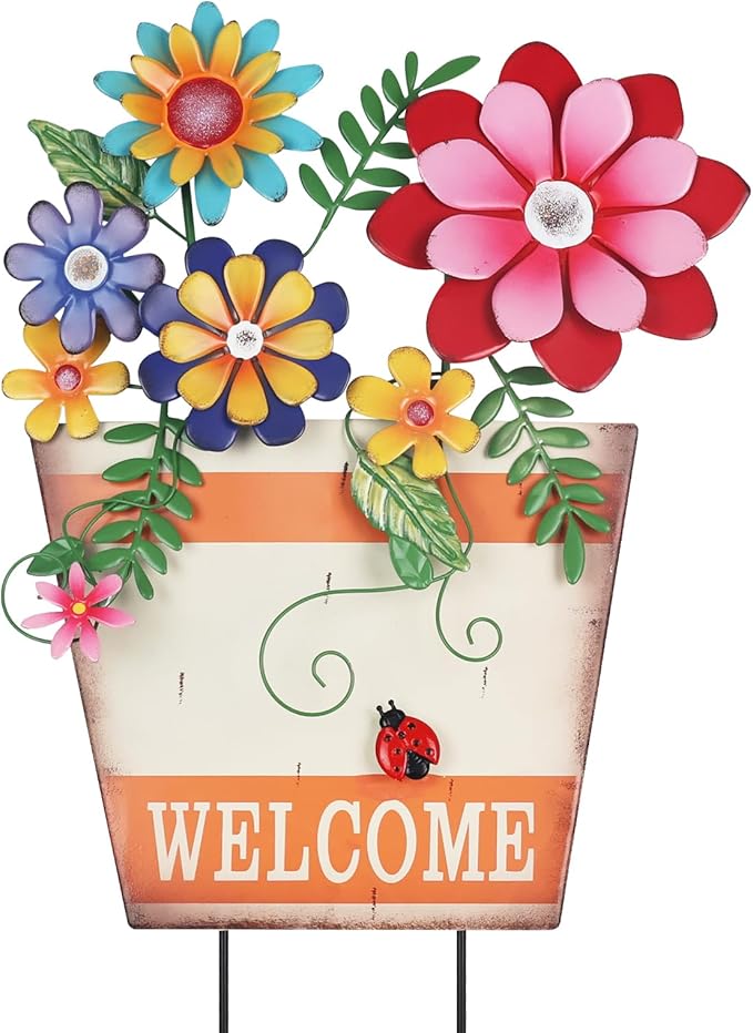 hogardeck Garden Decor for Outside, Metal Flower Pot Decorative Garden Stakes by HOGARDECK