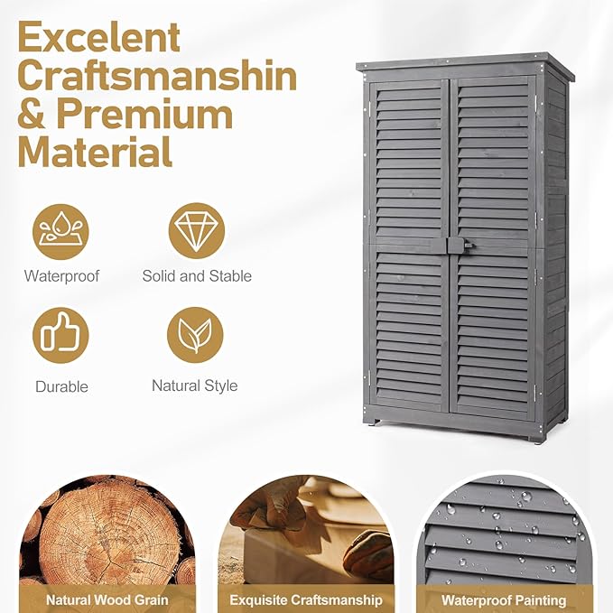 Outvita Outdoor Storage Cabinet, 63in Wooden Garden Tools Shed - Image 2