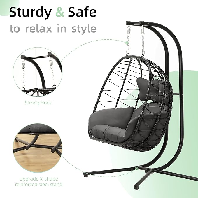 Double Egg Chair with Stand Hammock Swing Chair Foldable Hanging Loveseat - Image 4