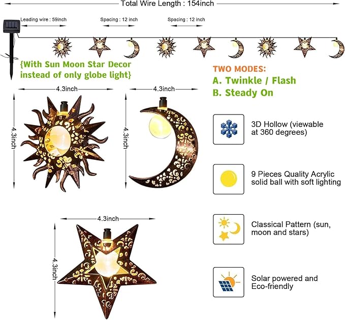Beautyard Solar String Lights Outdoor Star Moon Sun 13Ft 153In Led Solar - Image 4