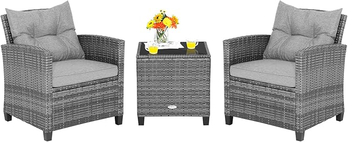Tangkula 3 Pieces Patio Furniture Set, Outdoor PE Rattan Conversation Chair Set by TANGKULA